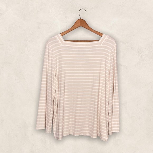 New Chico's 2 Large L 4 XXL Beige White Striped Rib Knit Stretch Square Neck Top - Picture 3 of 6